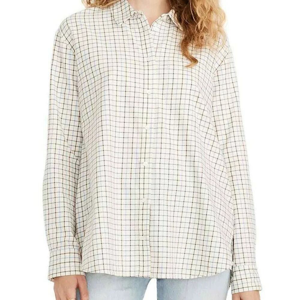 Madewell Womens Oversized Ex-Boyfriend Shirt White Windowpane Long Sleeve Medium